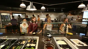 Students at the buffet line in Kimball hall