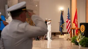 Members of the Holy Cross NROTC salute during the 2026 NROTC Class Commissioning Ceremony