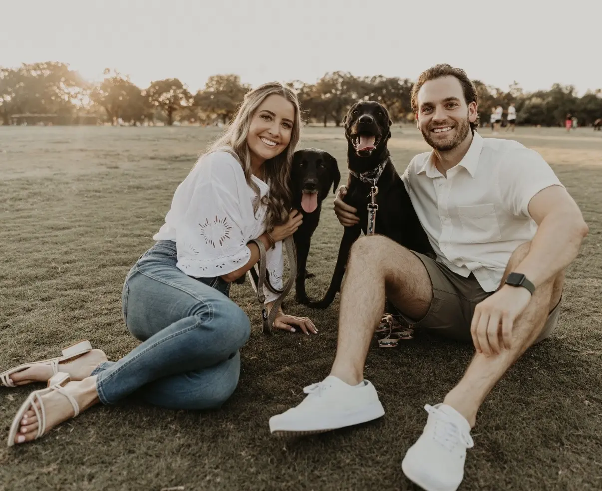 Mike Flanagan with his spouse and their two dogs